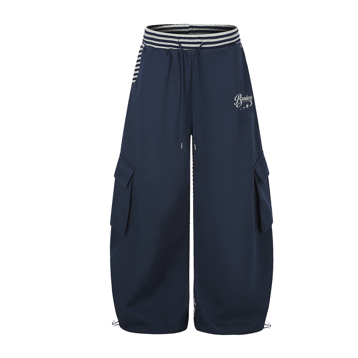 Wide-Leg Cargo Sweatpants with Striped Waistband – Relaxed Fit Parachute Pants