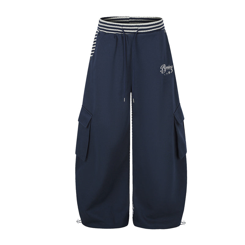 Wide-Leg Cargo Sweatpants with Striped Waistband – Relaxed Fit Parachute Pants