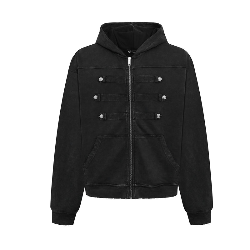 Military Napoleon Zip-Up Hoodie – Washed Vintage Fleece Cardigan