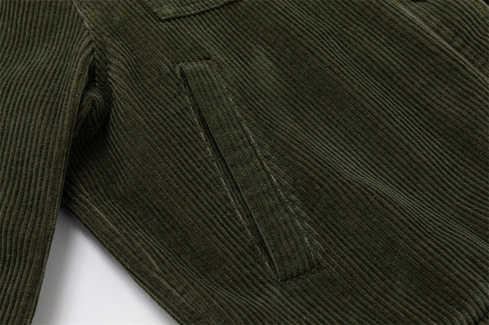 Men's Army Green Corduroy Jacket with Metal Buttons & Layered Hem Detail