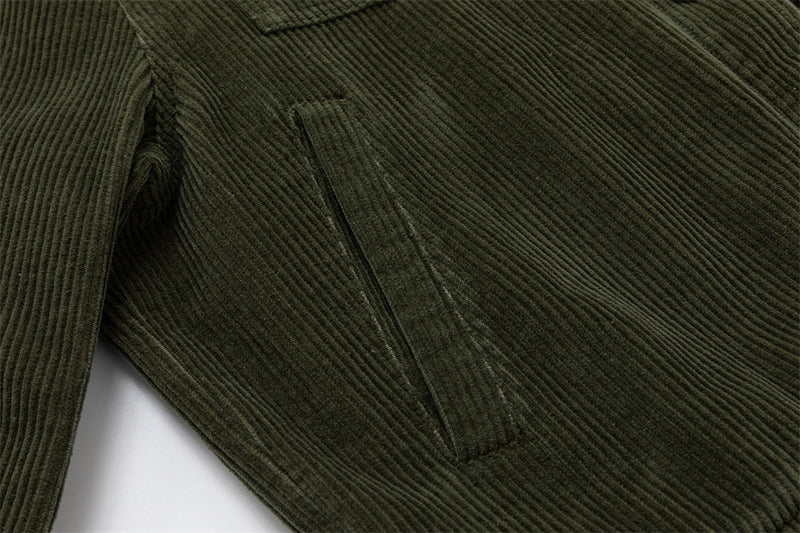Men's Army Green Corduroy Jacket with Metal Buttons & Layered Hem Detail