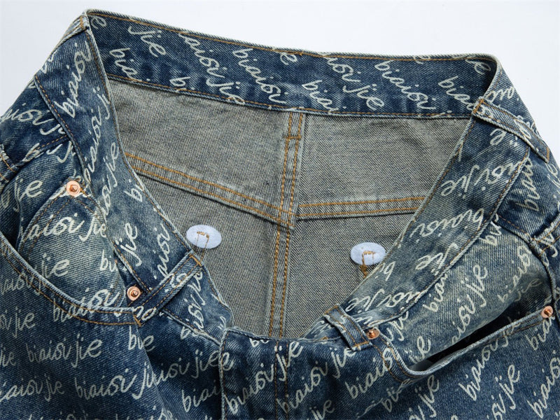 Men's Wide-Leg Jeans – Allover Script Letter Print, Loose Straight Fit