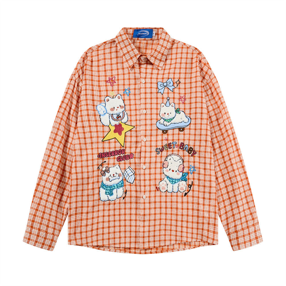 Herrenhemd mit lässiger Passform, Karomuster und langen Ärmeln, mit bestickter Cartoon-Bären-Grafik auf der Vorderseite, in Orange und Marineblau