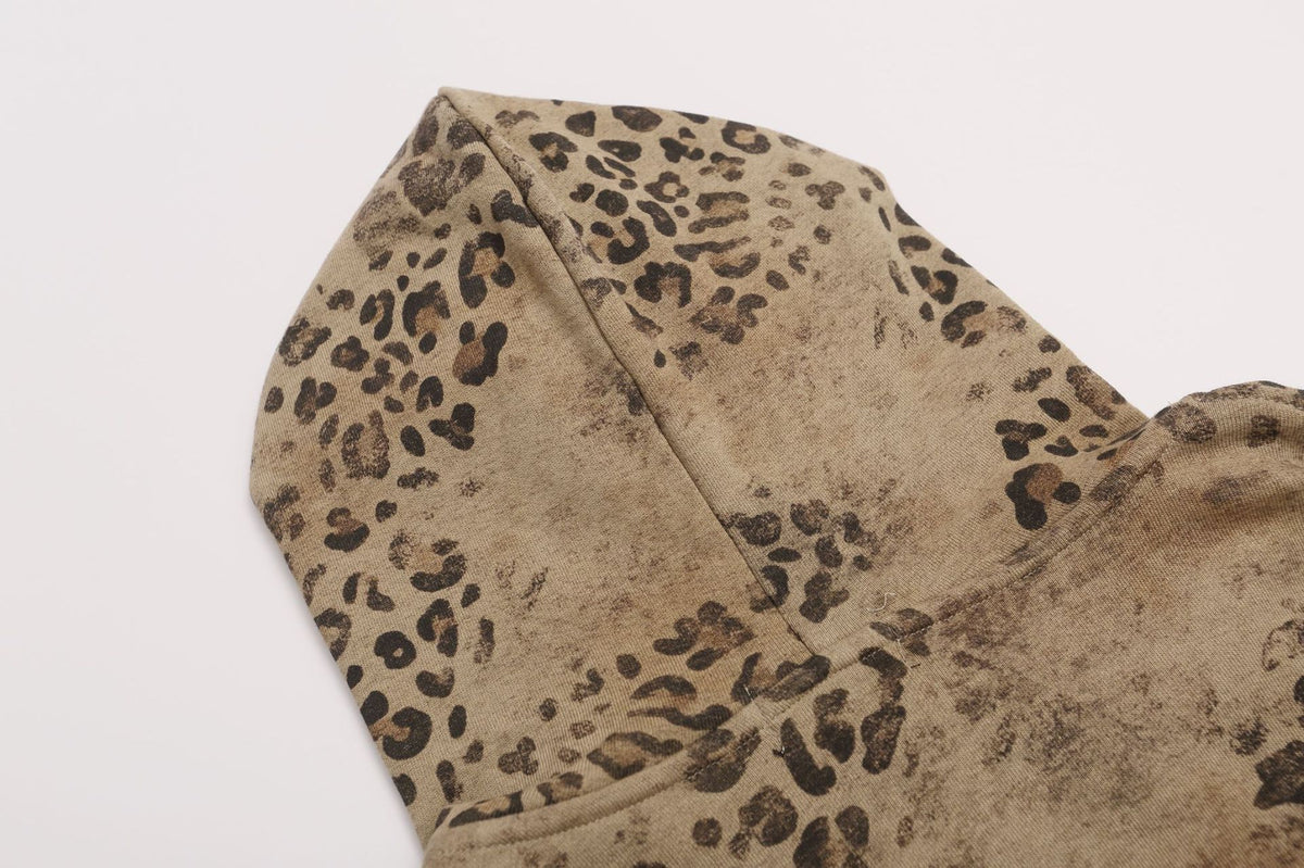 Leopard Print Zip-Up Hoodie – Vintage Distressed Rhinestone Studded Oversized