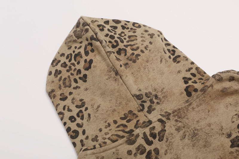 Leopard Print Zip-Up Hoodie – Vintage Distressed Rhinestone Studded Oversized