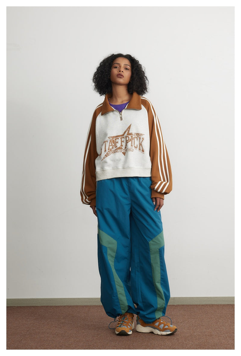 Cropped Half-Zip Sweatshirt Jacket – Colorblock Raglan with Stripe Sleeves