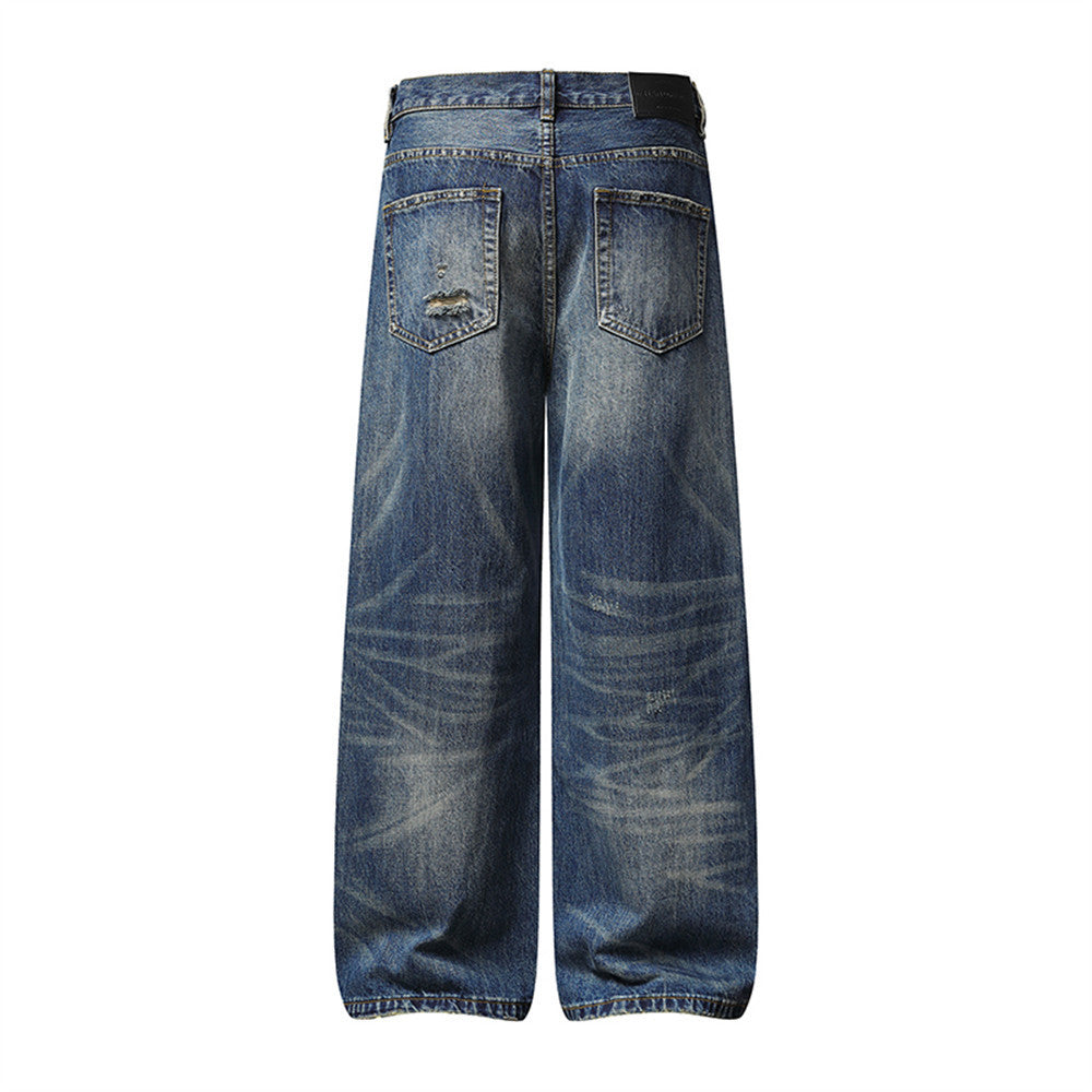 Wide-Leg Distressed Baggy Jeans – Men's Washed Vintage Straight-Cut Denim
