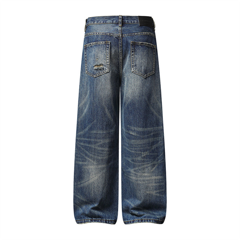 Wide-Leg Distressed Baggy Jeans – Men's Washed Vintage Straight-Cut Denim
