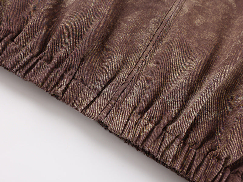 Men's Brown Bomber Jacket Vintage Washed Camo-Pattern Zip-Up Outerwear