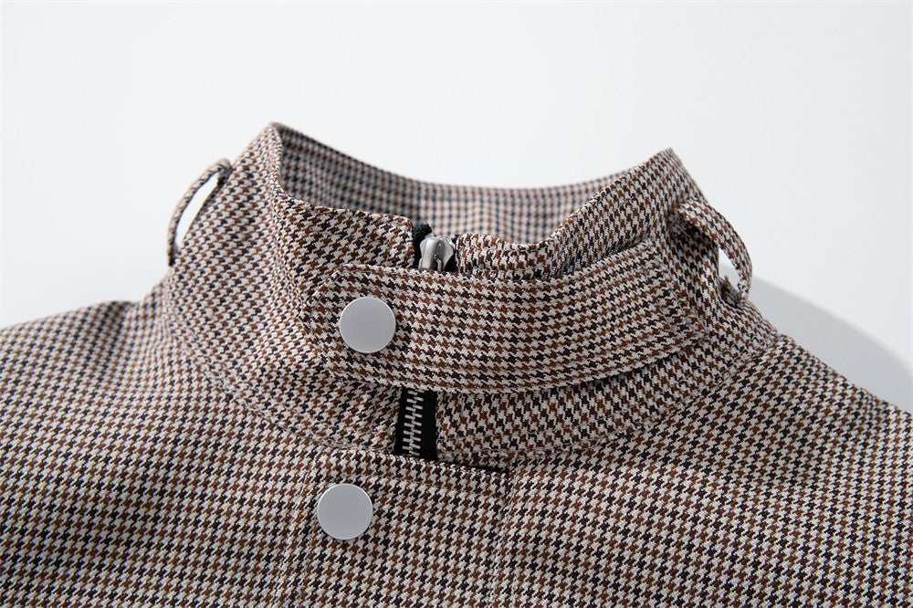 Veste oversize à col montant en pied-de-poule – Manteau streetwear à poches zippées multiples