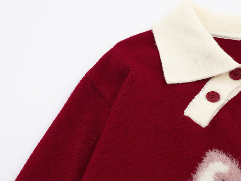 Cute Rabbit Jacquard Polo Collar Knit Sweater – Fluffy Bunny Graphic Pullover