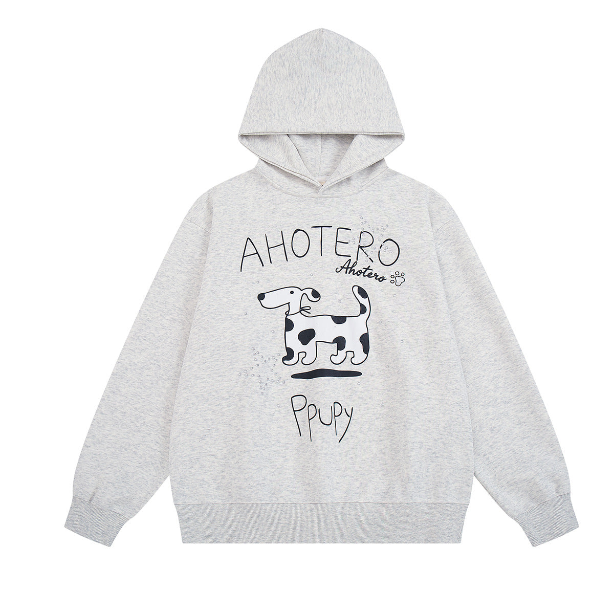 Sudadera con capucha extragrande Ahotero en gris jaspeado, con estampado de dibujo animado de perro dálmata, vista delantera