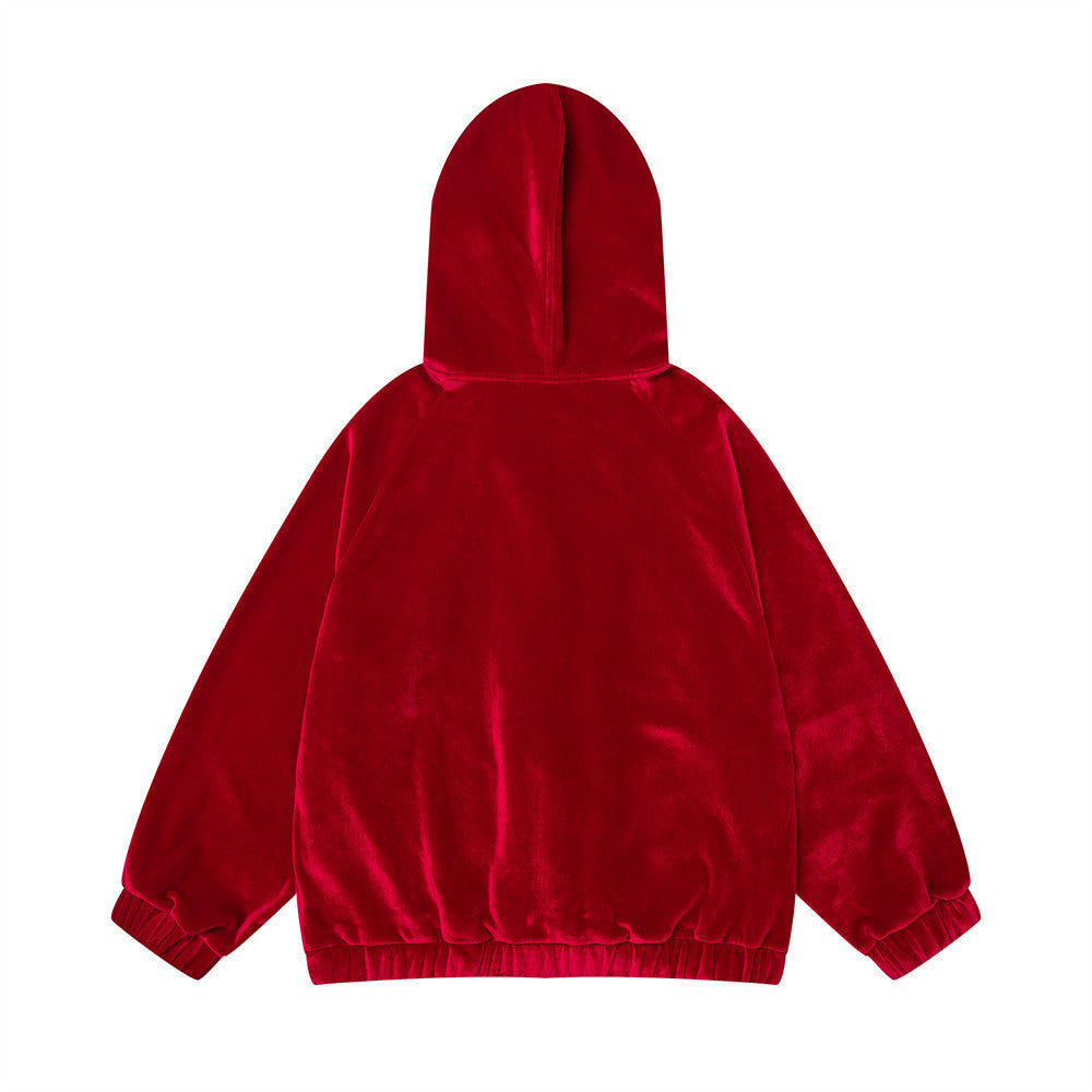 Sudadera de terciopelo con cremallera y estampado de perro de dibujos – Corte oversize color block