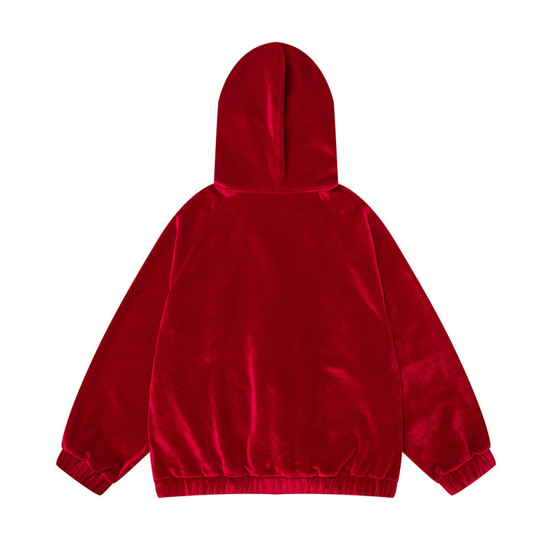 Sudadera de terciopelo con cremallera y estampado de perro de dibujos – Corte oversize color block