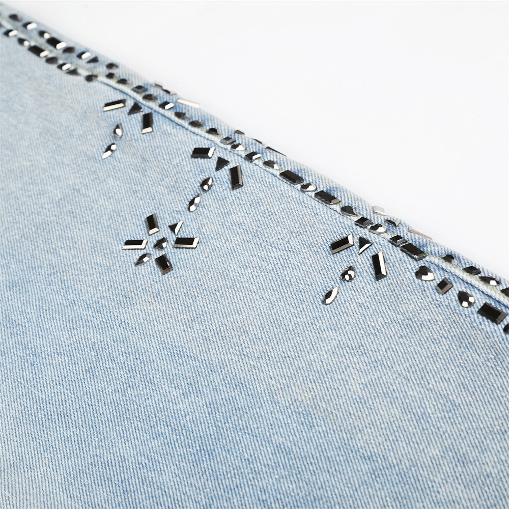 Wide Leg Cargo Jeans with Rhinestone Side Detail & Lace Trim — Light Wash Baggy