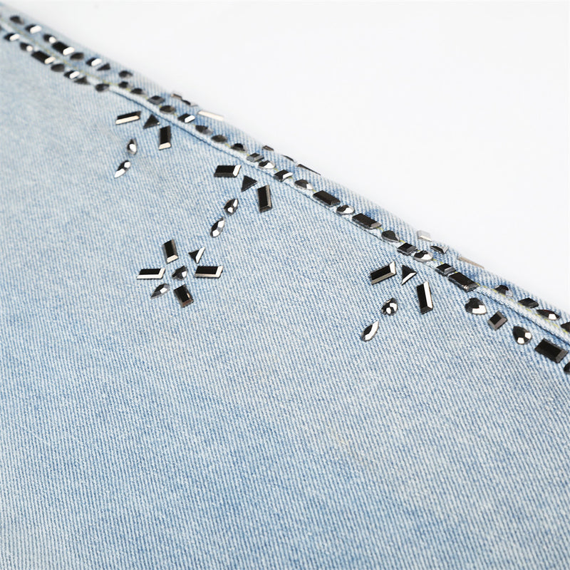 Wide Leg Cargo Jeans with Rhinestone Side Detail & Lace Trim — Light Wash Baggy