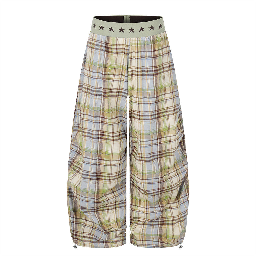 Plaid Wide-Leg Parachute Pants with Elastic Star Waistband & Drawstring Hem