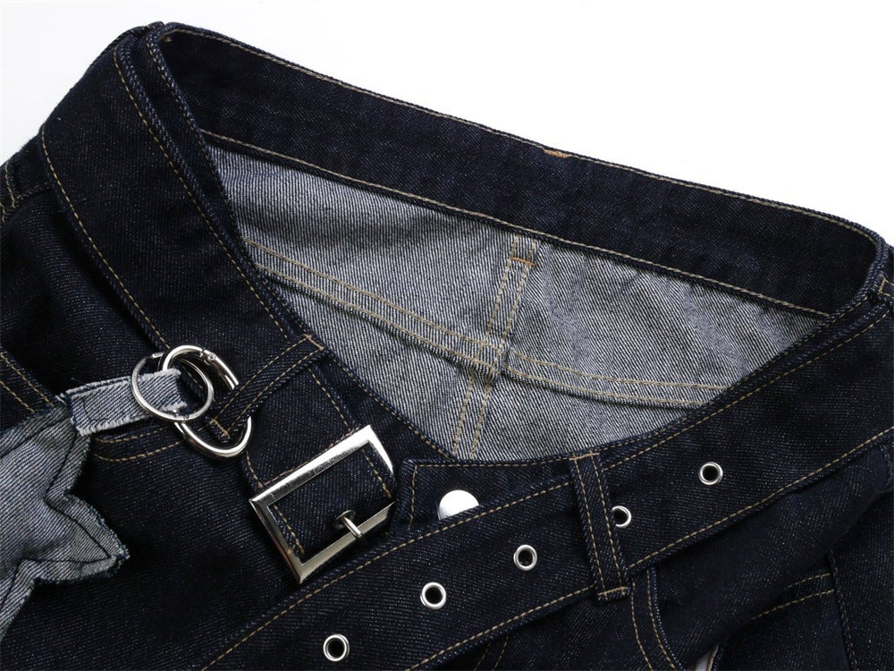 Wide-Leg Dark Indigo Jeans – Oversized Silhouette with Star Charm Belt &