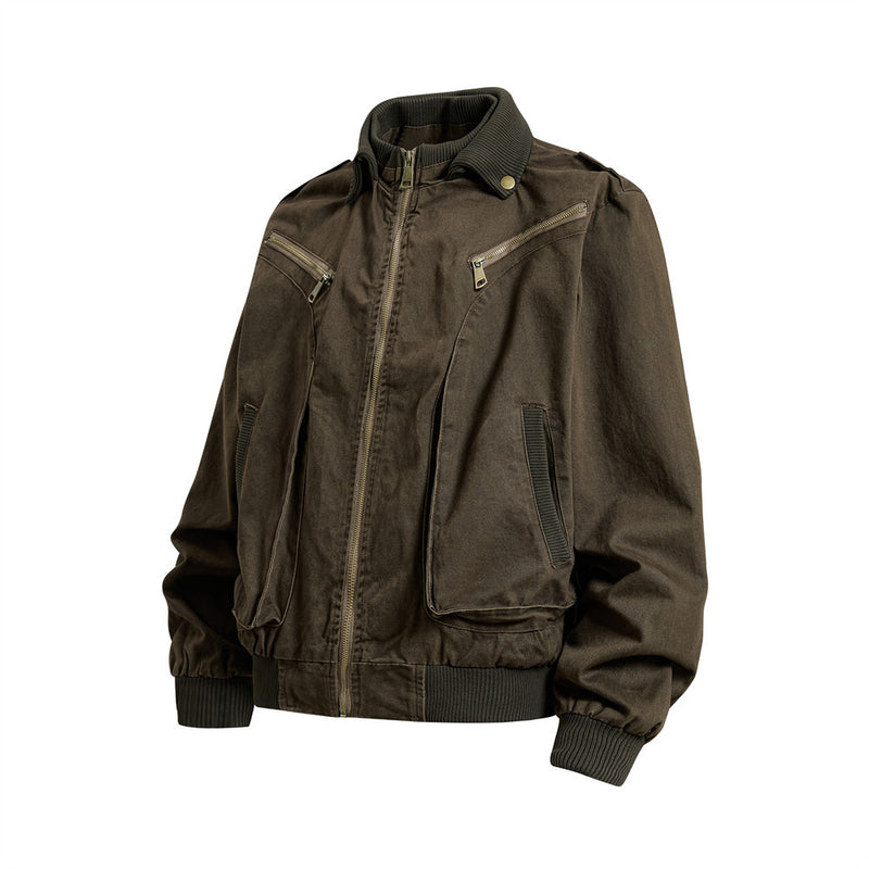 Washed Cargo Bomber Jacket – Men's Oversized Stand Collar with Double Chest Zips