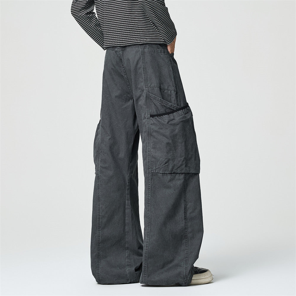 Wide-Leg Cargo Pants – Washed Vintage American Workwear with Oversized Pockets
