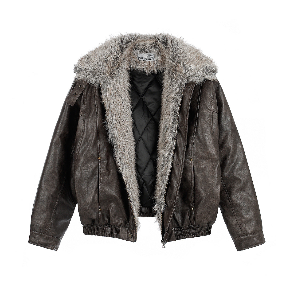 Open brown faux leather bomber jacket showing gray fur trim and black quilted lining