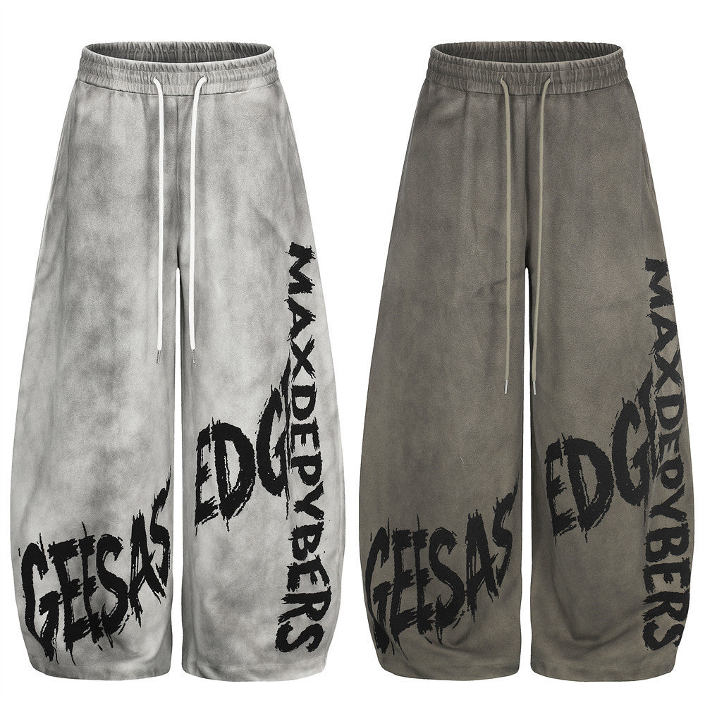Wide-Leg Graffiti Print Sweatpants – Washed Gray Baggy Jogger Pants for Men