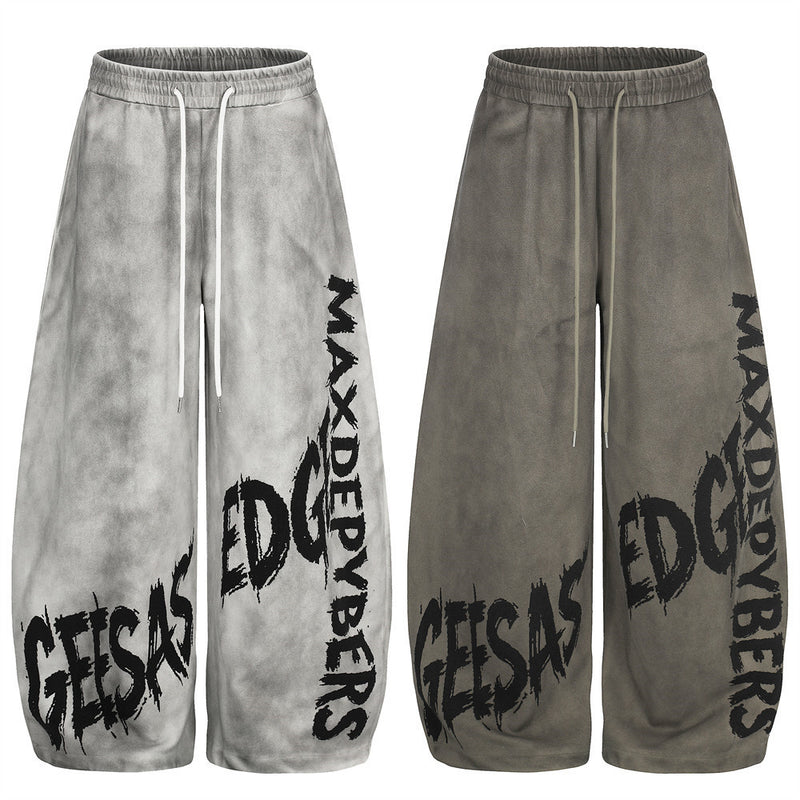 Wide-Leg Graffiti Print Sweatpants – Washed Gray Baggy Jogger Pants for Men