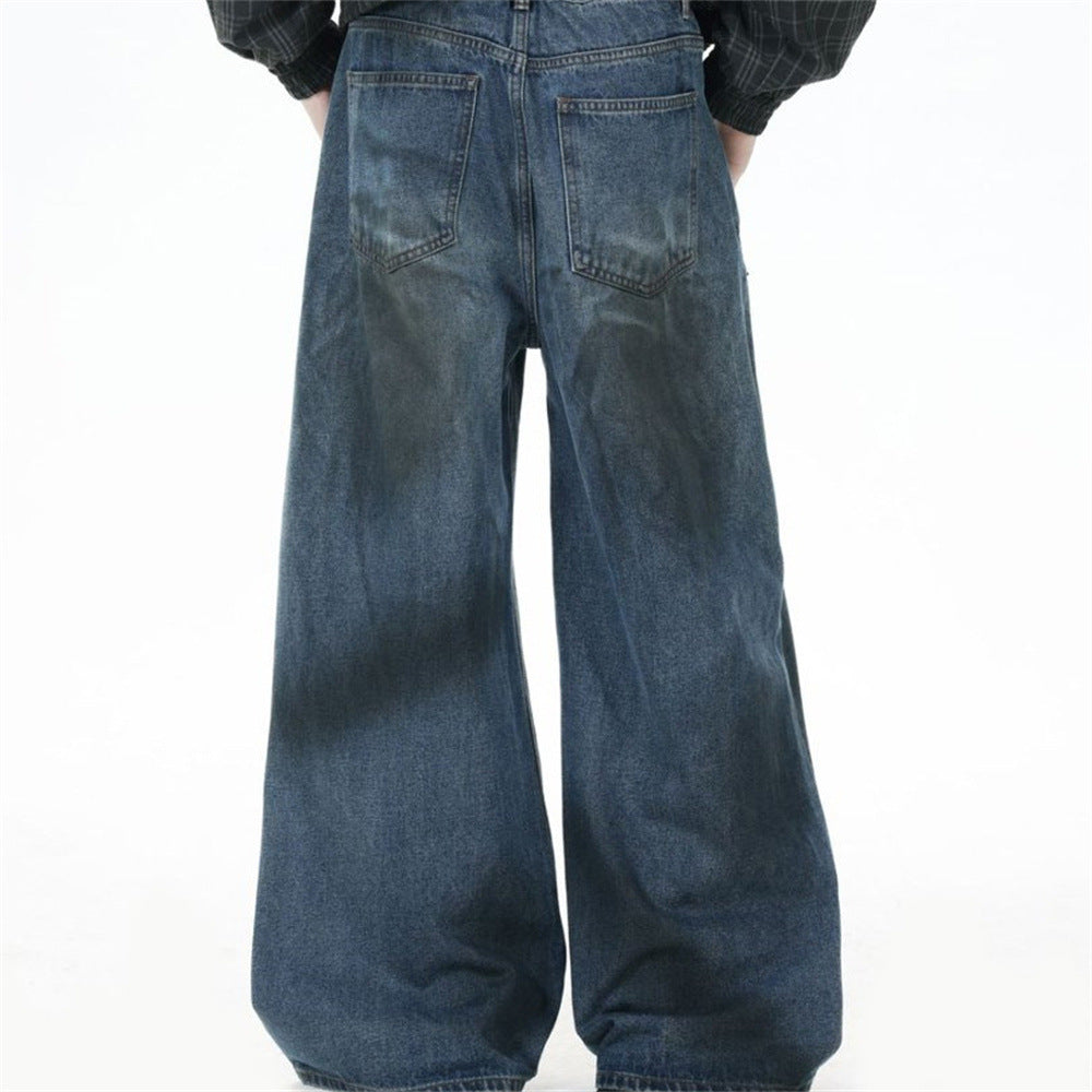 Straight Leg Jeans Mens Wide-Leg Punk Washed Denim with Rivet Pocket Detail
