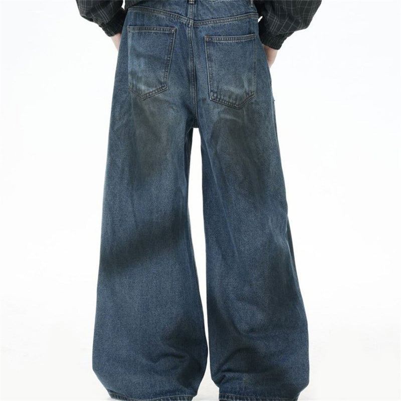 Straight Leg Jeans Mens Wide-Leg Punk Washed Denim with Rivet Pocket Detail