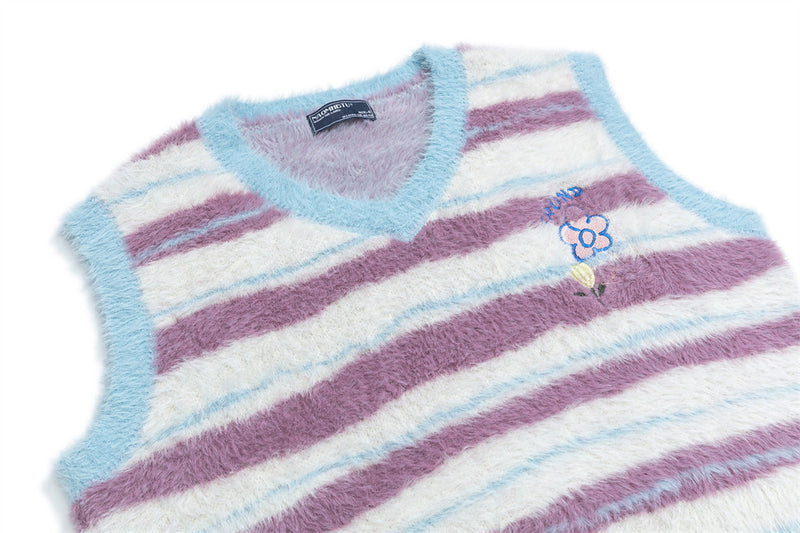 Gilet pull rayé col V – Pull sans manches en maille duveteuse