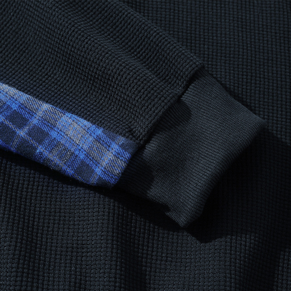Polo Collar Sweatshirt with Plaid Patchwork & Clints Varsity Graphic