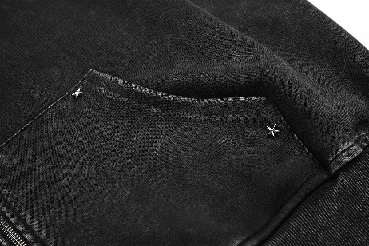 Zip-Up Grey Hoodie Washed Punk Star Graphic Zip Hoodie with Rivet Details