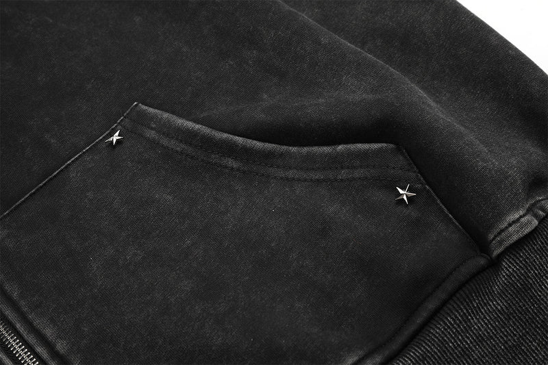 Zip-Up Grey Hoodie Washed Punk Star Graphic Zip Hoodie with Rivet Details