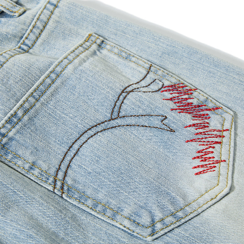 Wide-Leg Washed Denim Jeans with Cross Star Embroidery & Rhinestone Pocket