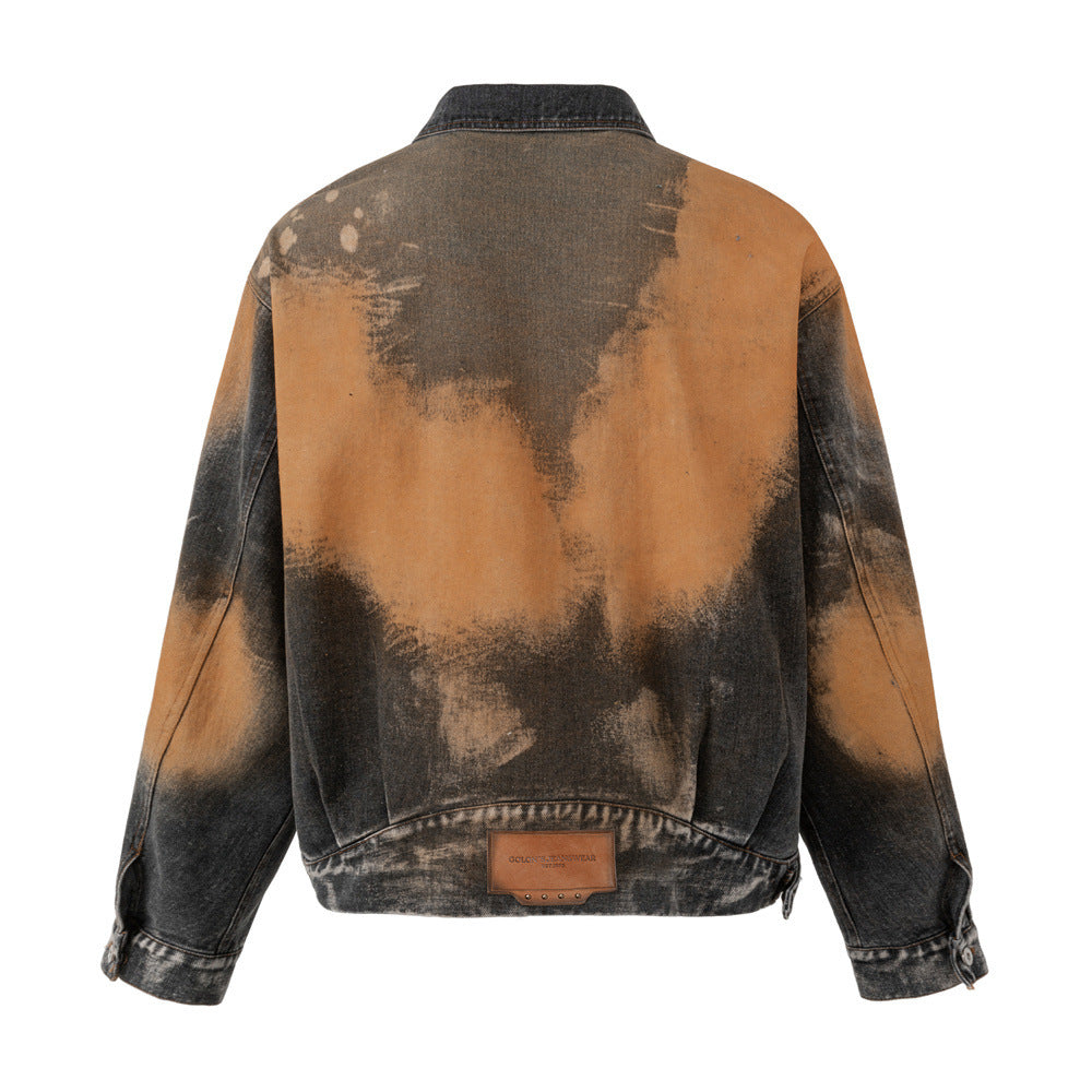 Oversized Acid-Wash Distressed Denim Jacket – Bleached Tie-Dye Punk Streetwear