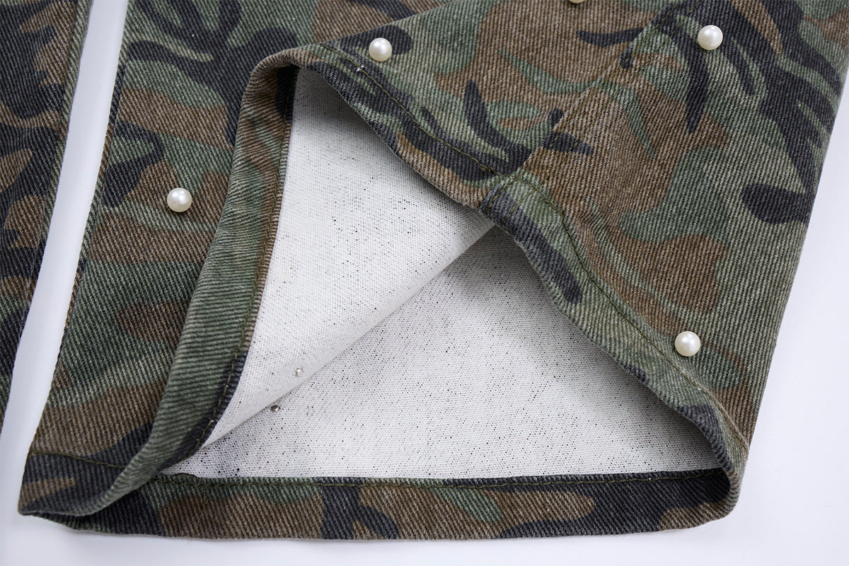 Camo Pearl Stud Cargo Pants – Wide-Leg Washed Denim Camouflage Trousers