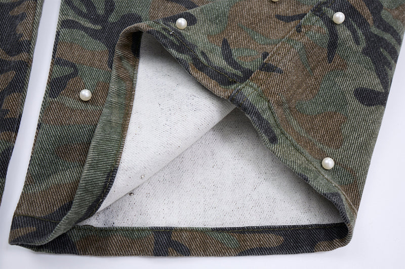 Camo Pearl Stud Cargo Pants – Wide-Leg Washed Denim Camouflage Trousers