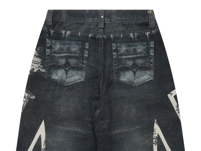 Loose Jeans for Men – Graffiti 3D Print Wide-Leg Dark Wash Denim