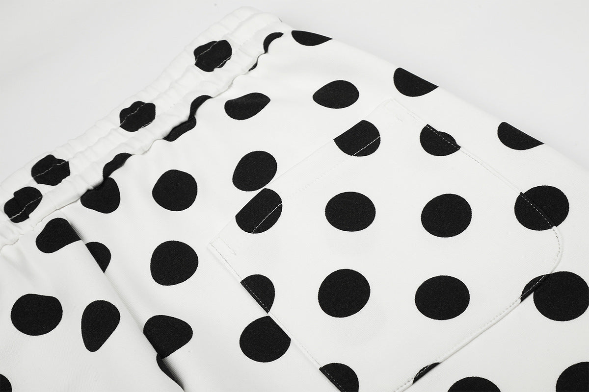 Wide-Leg-Jogginghose mit Polka-Dots – Weiß-Schwarzer Punktprint mit Kordelzugbund