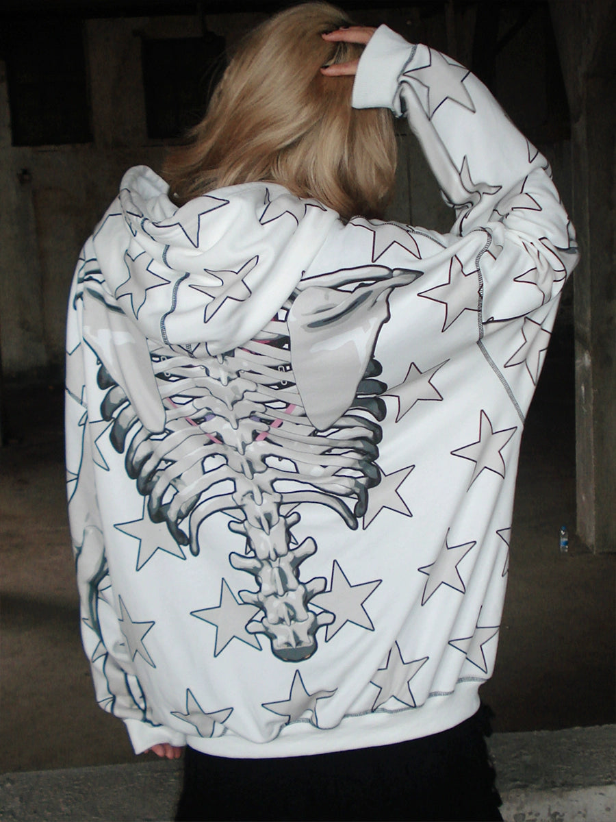 Gothic Skeleton Star Hoodie – Full-Zip Hoodie with Skeleton Print and Star Pattern