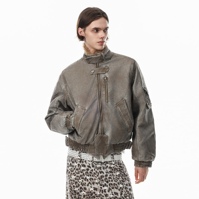 Men's Distressed Bomber Jacket with Faux Fur Collar – Padded Stand-Collar