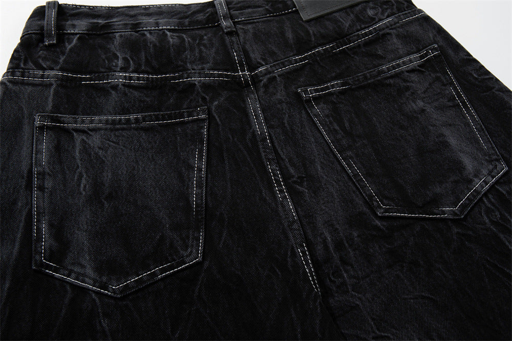 Crinkle-Washed Black Denim Shorts – Wide Leg Streetwear Fit