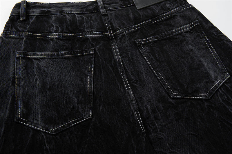 Crinkle-Washed Black Denim Shorts – Wide Leg Streetwear Fit
