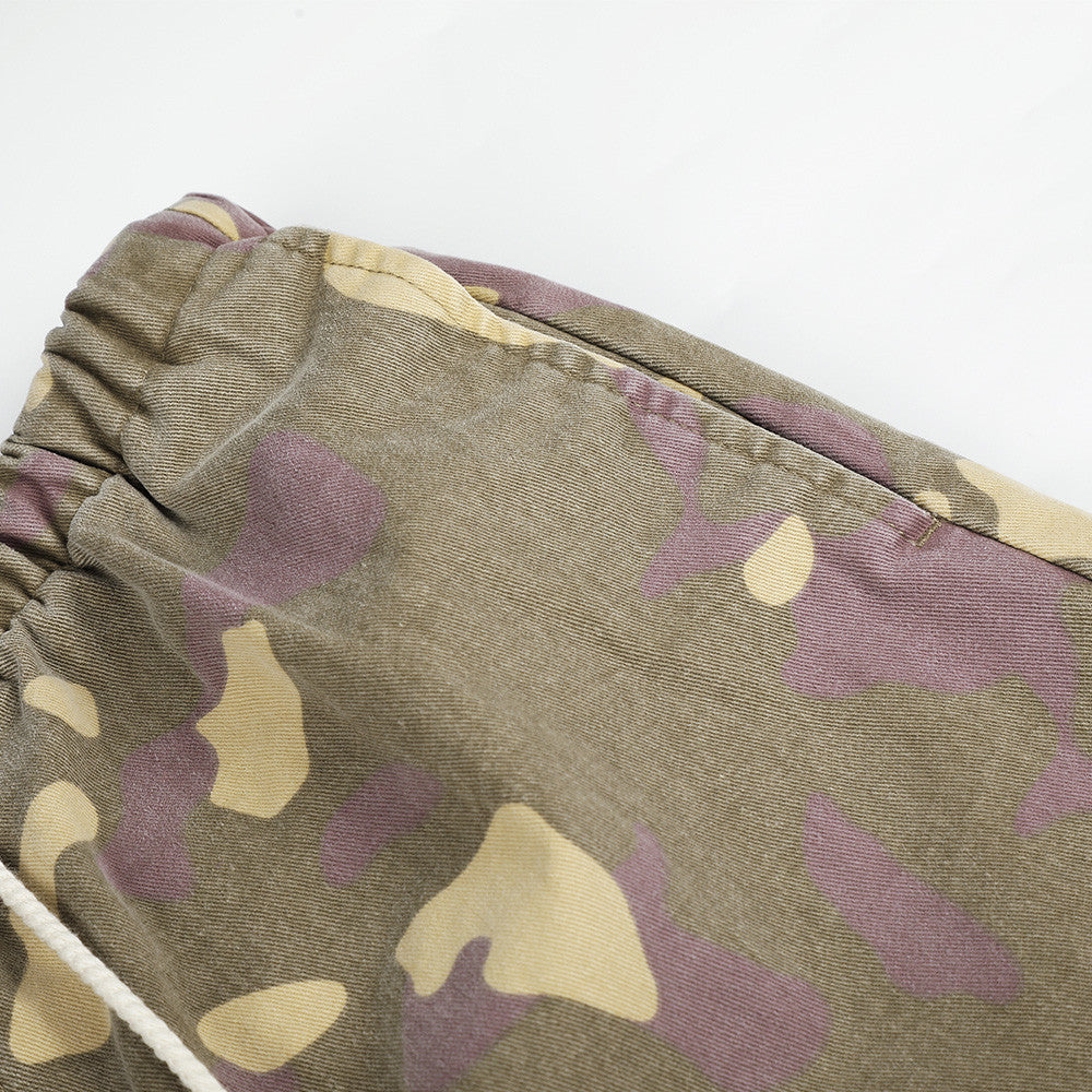 Camo Cargo Wide-Leg Pants – Vintage Washed, Multi-Pocket, Drawstring Waist