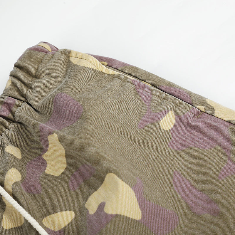Camo Cargo Wide-Leg Pants – Vintage Washed, Multi-Pocket, Drawstring Waist