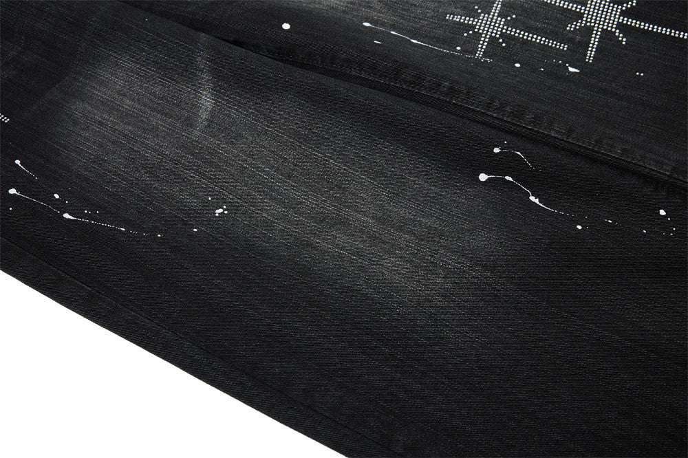 Wide-Leg Jeans Men – Washed Denim, Rhinestone Cross & Paint Splatter Detail