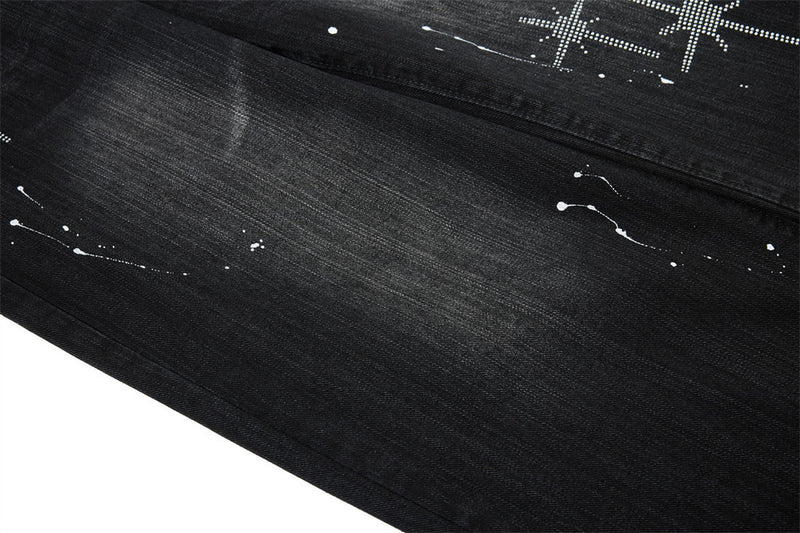Wide-Leg Jeans Men – Washed Denim, Rhinestone Cross & Paint Splatter Detail