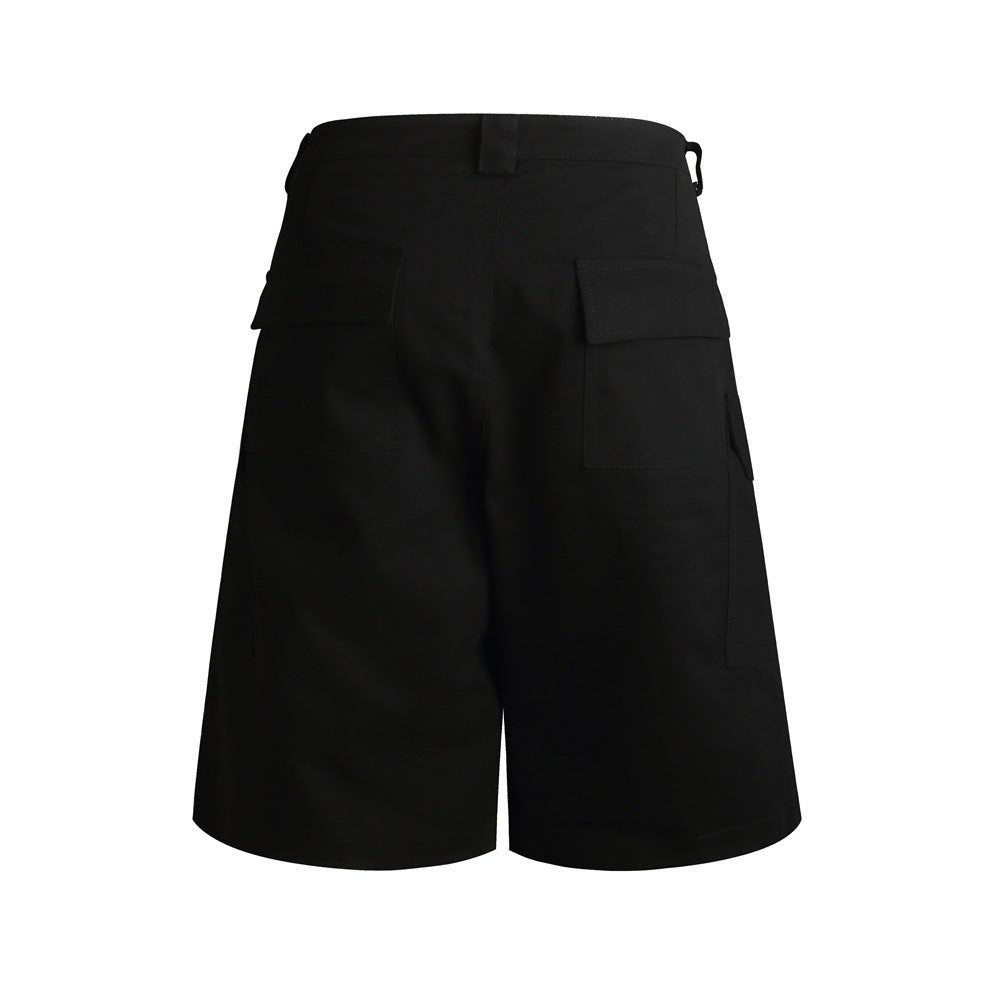 Black cargo shorts back view with flap back pockets and wide leg