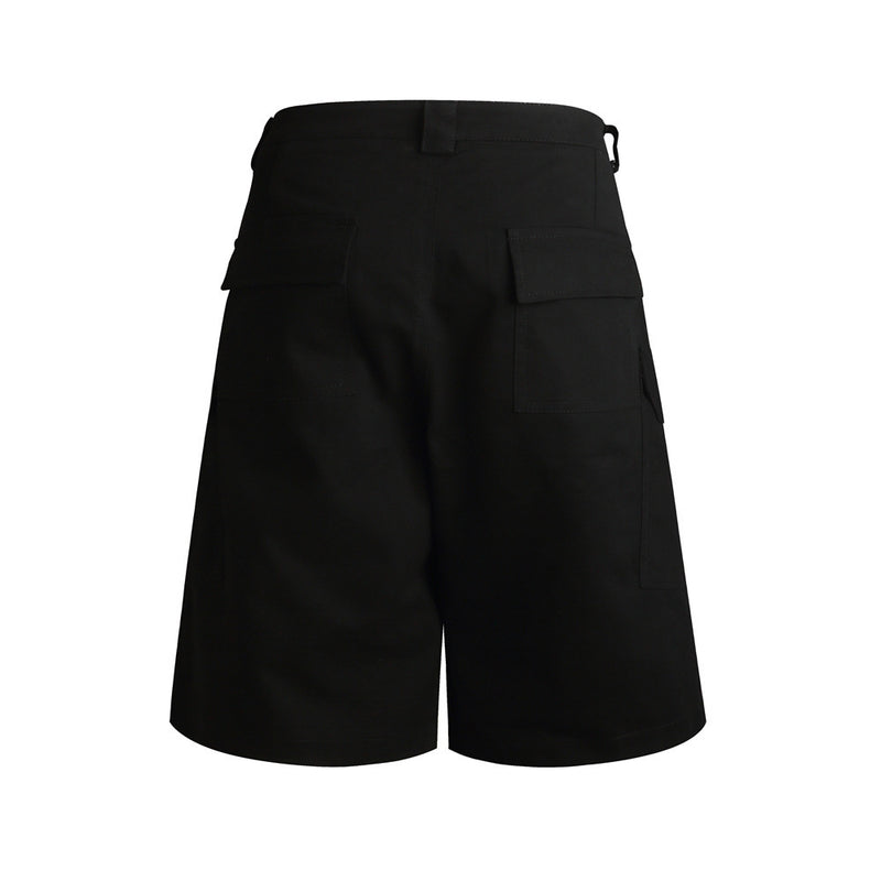 Black cargo shorts back view with flap back pockets and wide leg