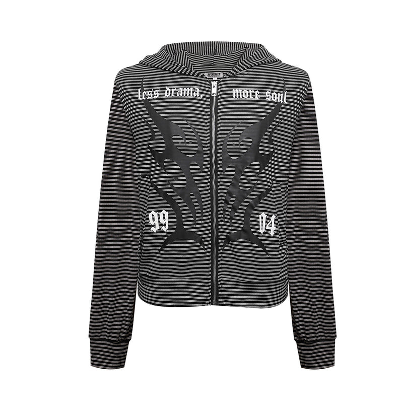Thin Zip-Up Hoodie Gothic Stripe Black & Grey Cropped Cardigan